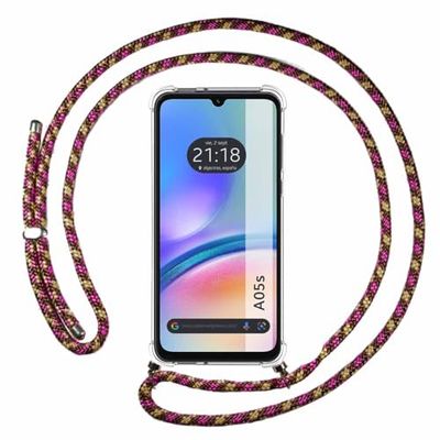 Tumundosmartphone Transparent Hanging Case for Samsung Galaxy A05s with Pink/Gold Cord