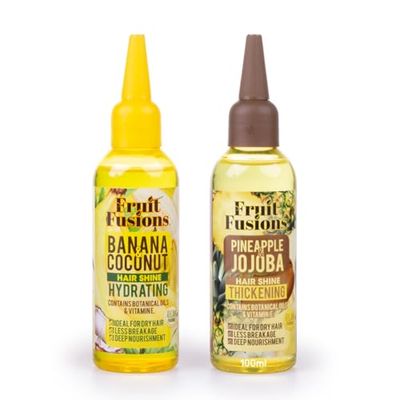 Fruit Fusions Hair Oil Set, Banana Coconut Hydrating and Pineapple Jojoba Thickening, 100ml, for Dry Hair