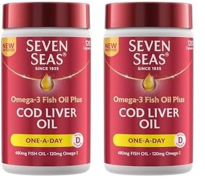 Seven Seas Cod Liver Oil Tablets with Omega-3, Fish Oil, One A Day, 4 Months Supply (120 Capsules), EPA & DHA, with High Strength Vitamin D & A (Pack of 2)