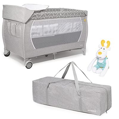 skiddoü Reisbed met speelgoed en aankleedkussen Lunar+ inklapbaar babybed lichte constructie compact kinderbed verstelbare hoogtes reiskinderbed babyreisbed comfortabel reiswieg lichtgrijs