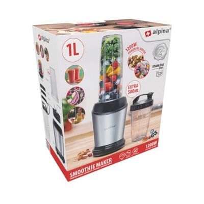 alpina Smoothie Maker 1200 W, mixer 1 liter, mixer smoothie maker, met 500 ml meeneembeker en deksels, blender met afneembare roestvrijstalen messen, blender antislip bodem, zilver