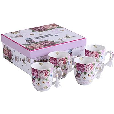 Muggar set 4 fina Kina shabby chic vintage retro design i presentask 330 ml (fågel ros fjäril)