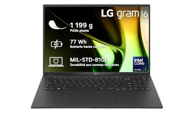 LG 16Z90S-G.AA55F - PC Portable 16" 1199g, écran IPS QHD+ 16:10, Plateforme Intel® Evo™ Ultra 5 125H, RAM 16Go, SSD 512Go NVMe, Intel Iris XE, Thunderbolt™ 4, Windows 11, Clavier AZERTY, Noir