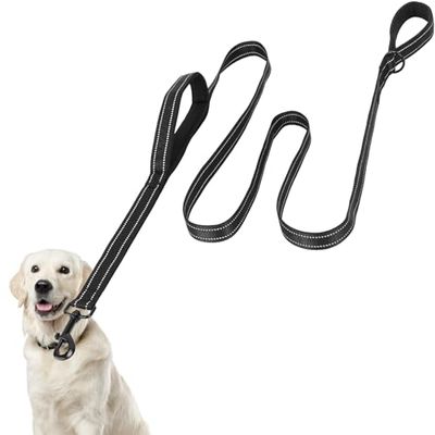 Euqvunn hondenriem 2 m lang met dubbel gevoerde handgrepen | Twee tractiemodi | Reflecterende stiksels | Nylon hondentouw voor grote en middelgrote honden | Controle- en trainingslijn | Zwart