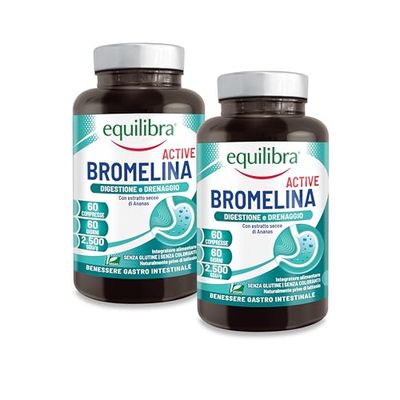 Equilibra, Bromelina Active, 500 mg | 2500 GDU/g, 120 Compresse Vegan per 4 Mesi, Bromelina Forte, Funzione Digestiva e Drenante, Contrasta la Sensazione di Pesantezza delle Gambe