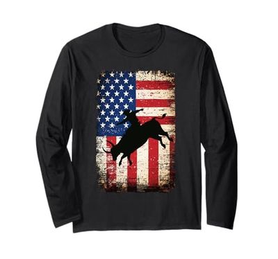 Patriotic Rodeo Horse Cowboy Bull Rider USA Bandera estadounidense Manga Larga