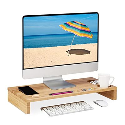 Relaxdays Monitor Stand Bamboo, Screen Raiser for Ergonomic Posture, HWD 8.5x60x30 cm, Display Base Desk, Natural Wood, 8.5x60x30cm