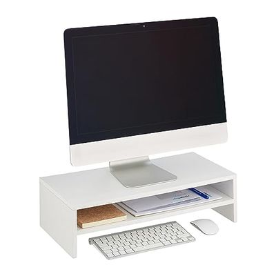 Relaxdays Monitor Stand, Additional Compartment, HWD 14.5 x 54 x 25.5 cm, Computer Screen Raiser for Desk, Modern, White, Fibreboard
