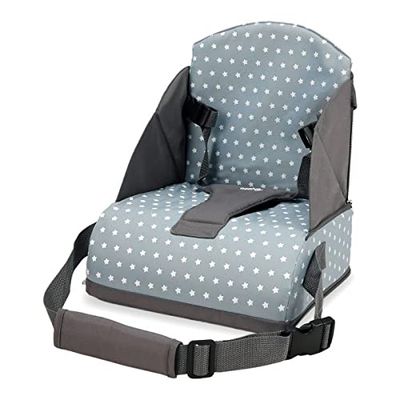 Asalvo Chaise haute de voyage portable pour bébé, siège relevable, pliable, harnais de sécurité, poche intégrée, dossier 25 cm, de 6 mois à 15 kg, étoiles grises
