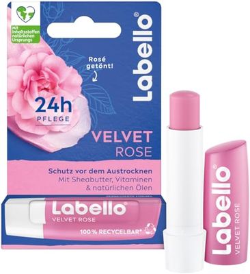 Labello Velvet Rose pomadka do ust, pielęgnacja ust o delikatnym zapachu róż, nawilżenie przez 24 h, pielęgnujący balsam do ust z masłem shea i olejkiem jojoba (4,8 g)