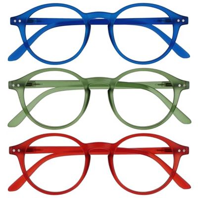 OPULIZE REY Gafas de Lectura - Pack de 3 - Montura Redonda Retro - Azul Mate, Verde, Rojo - Hombre Mujer - Bisagras de Muelle - RRR56-36Z - +3.00