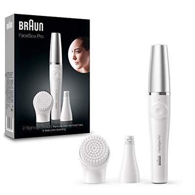 Braun FaceSpa Pro SE910 - Dispositivo di bellezza 2 in 1 per la cura del viso, con piletta e spazzola per la pulizia del viso, colore: Bianco/Argento