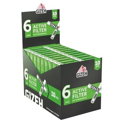 GIZEH BLACK Active Filter 6 mm - Filtros de carbón activado de formato delgado en práctico paquete de 10 unidades - Filtro Gizeh con carbón activo de cáscara de coco - 20 paquetes de 10 filtros