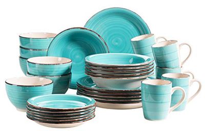 MÄSER 931614 Bel Tempo II Service de table vintage 30 pièces pour 6 personnes en céramique peinte à la main Turquoise