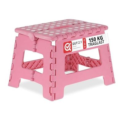 Relaxdays Folding Step Stool, Collapsible, Non-Slip, Max. Load 120 kg, Carry Handle, HxWxD: 22.5 x 32 x 25 cm, Pink