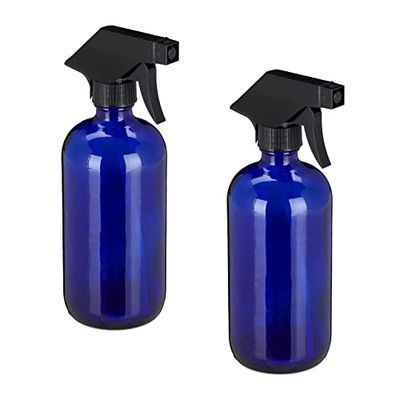 Relaxdays spuitflesjes hervulbaar, glas, 2 stuks 500 ml, navulbaar, mist & straal, voor haar, schoonmaken, leeg, blauw