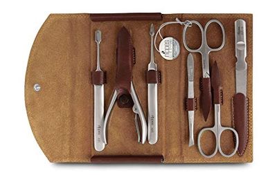 nippes Solingen Kit de manucure classique de qualité supérieure - 7 pièces - Étui en cuir de vachette véritable - Marron - Acier inoxydable - Sans nickel et inoxydable - Fabriqué à Solingen/Allemagne