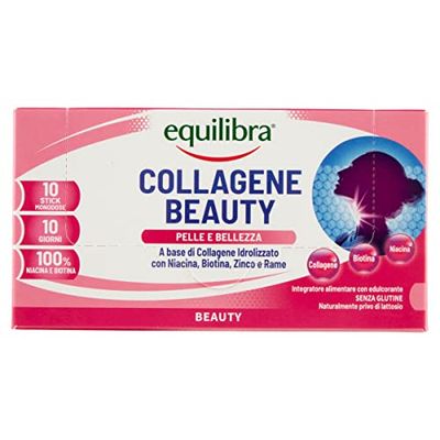 equilibra Integratori Alimentari, Collagene Beauty, Integratore per la Pigmentazione della Pelle a Base di Collagene Idrolizzato, Rame e Zinco, Senza Glutine, 10 Stickpack Monodose