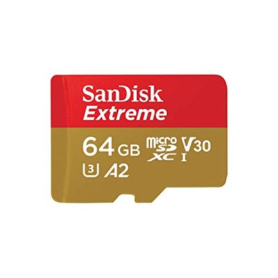 SanDisk Extreme microSDXC card plus SD adapter plus RescuePRO Deluxe, up to 170 mB/s, with A2 App Performance, UHS-I, Class, 10, U3, V30, Yellow, 64GB
