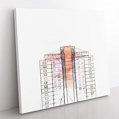 Sketching the Architecture Vol.23 Modern Canvas Wall Art Print Ready to Hang, Framed Picture for Living Room Bedroom Home Office Décor, 35x35 cm (14x14 Inch)