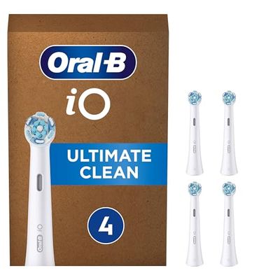 Oral-B iO Ultimate Clean Brossettes Blanches De Rechange, Rondes, S’Adaptant Aux Dents, Éliminent La Plaque Dentaire, Compatibles Avec Les Brosses Électriques Magnétiques, Emballage Carton, Lot de 4