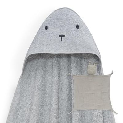 Interbaby - Mantello da bagno per bambini + mussola di Dudu | Asciugamano con cappuccio 100% cotone, unisex, morbido, asciugatura rapida, ideale per neonati, neonati e bambini piccoli, design orso