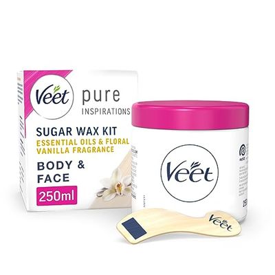 Veet Sugar Wax Kit, Vanilla, 250ml, Hot Wax, Sugar Wax Hair Removal Kit, Warm Wax, Wax Kit For Hair Removal, Face Wax Strips, Dermatologist Tested, Smooth Skin, Waxing, Hair Removal