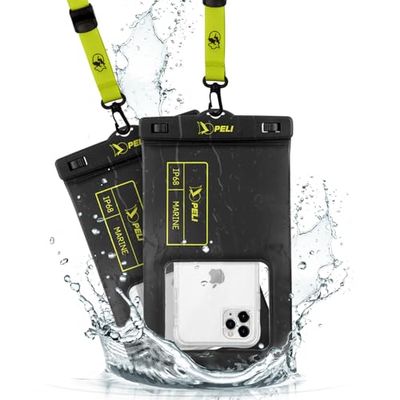 Peli 2 Pack Marine - IP68 waterdicht telefoonhoesje (XL maat) - drijvend waterdicht telefoonhoesje voor iPhone 16 Pro Max/iPhone 15 Pro/14 Pro/13/12/S24 - Afneembare lanyard - Zwart/Hi-Vis Geel