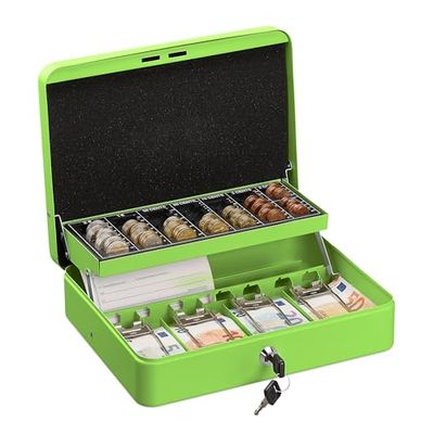 Relaxdays Caja Dinero con Llave, Bandeja Monedas y 4 Espacios Billetes, Cajita Hierro, 8,5x30,5x24,5 cm, Verde