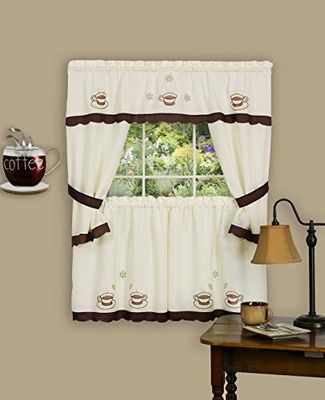 Achim Home Furnishings 58-Inch by 36-Inch Cuppa Joe Embellished Cottage Topper with 58-Inch by 36-Inch Swaggers for Windows