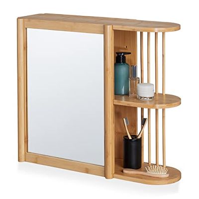 Relaxdays Mobile da Parete per Il Bagno, Mobiletto in bambù con Specchio e 2 Ripiani Semiaperti, 53x62x20 cm, Marrone