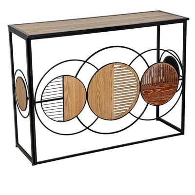 DRW Consoletafel voor de entree, van metaal en hout, met cirkels in bruin en zwart, 37 x 108 x 80 cm