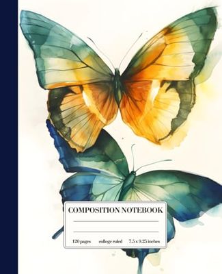 Composition Notebook College Ruled: Blue and Green Butterflies Watercolor Style | Journal for Nature Lovers, Writers | 120 Pages | 7.5 x 9.25 Inches