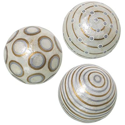 DRW Set van 3 parelmoerballen met cirkels in witgoud en zilver, 10 cm