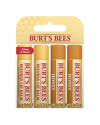 Burt's Bees Paquete múltiple de bálsamo labial, bálsamo labial hidratante con cera de abejas y miel, paquete económico, 4 x 4,25 gramos