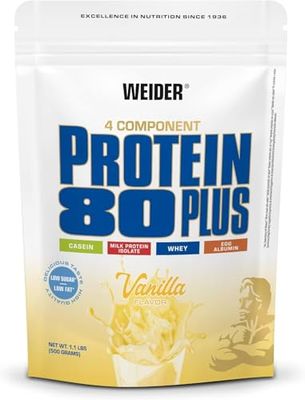 Weider Protein 80 Plus protéine en poudre, vanille, faible teneur en glucides, mélange de lactosérum de caséine multi-composants pour shakes protéinés, 500 g
