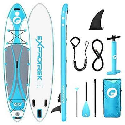 Planche de Stand up Paddling Exprotrek, Sup Gonflable, kit Paddle, 6 Pouces d'épaisseur pour Tous Les différents Niveaux avec pagaie en Aluminium, 200KG Max, Blue, 327 x 77 x 16 cm
