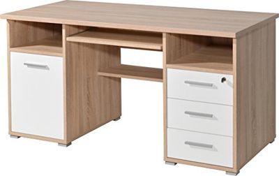 GERMANIA DIE MÖBELMACHER Bureau 0484-157, en Chêne-Sonoma repro/Blanc, avec tiroirs, 145 x 75 x 70 cm (l/h/p)