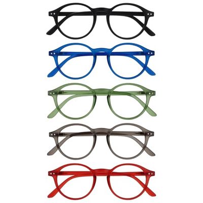 OPULIZE REY Occhiali da Lettura - Pacco da 5 - Montatura Rotonda Retro - Nero, Blu, Verde, Grigio, Rosso - Uomo Donna - Cerniere a Molla - RRRRR56-1367Z - +2.50