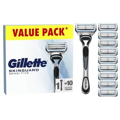 Gillette SkinGuard Sensitive Men’s Razor, Razors For Men, Shaving Razor For Men With Skin Irritation, 1 Handle, 10 Blade Refills, Safety Razors, Disposable Razors, Razor Blades