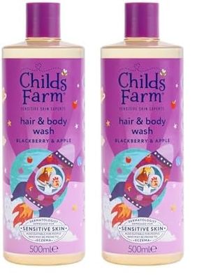 Childs Farm Kids Hair & Body Wash, Blackberry & Apple | Tear-free, Gently Cleanses | Suitable for Dry, Sensitive Skin, 500ml (Pack of 2)