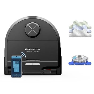 Rowenta Xplorer S220 Animal & Allergy Robot Aspirador en seco en húmedo, navegación láser, 120 min de Tiempo de Funcionamiento, Control de Aplicaciones, fregona vibratoria, Negro/Metal, RR9475WH