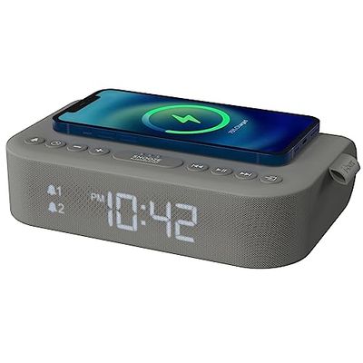 i-box Wekker met draadloos opladen, nachtkastradiowekker, stereo-bluetooth-luidspreker, draadloos QI-opladen met USB-aansluiting, dual-alarm, FM-radio