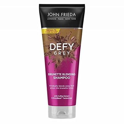 John Frieda Defy Grey Brunette Blending Shampoo 250 ml, Disguise and Hide Grey Hair, Colour-Depositing Shampoo for Brown Hair, Grey Hair Coverage