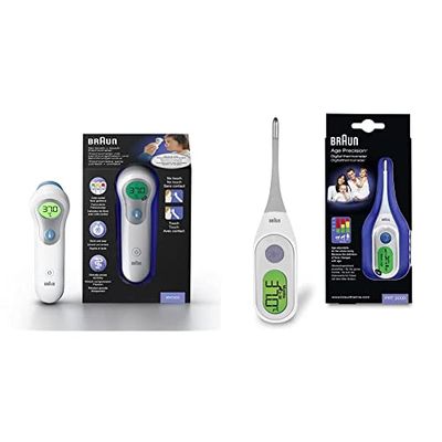 Braun No Touch + forehead thermometer, BNT300 & Digital StickThermometer with Age Precision, PRT2000