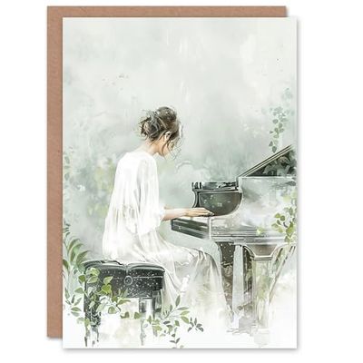Artery8 Greeting Card Pianist Playing Piano Misty Forest Watercolour Blank For All Him Or Her Art Birthday Card