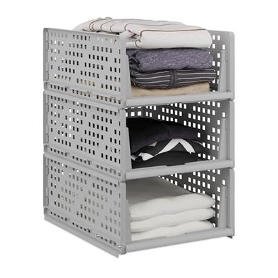 Relaxdays Bac de Rangement, Lot de 3, bacs empilables Les UNS sur Les Autres, 18 x 33,5 x 43,5 cm, Gris