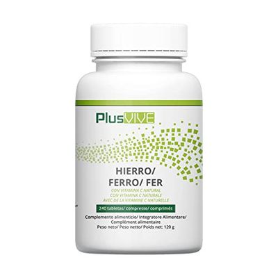 Plusvive - Lot de 240 capsules de fer et de vitamine C, enrichies en papaïne et spiruline pour une biodisponibilité améliorée