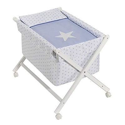 Interbaby Berceau en Croix Hêtre Blanc + Parure + Nacelle + Matelas Modèle Estrella Bleu
