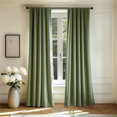 Lazzzy Rideau occultant en Velours Vert à Isolation Thermique pour Chambre à Coucher et Salon - Réduction du Bruit - avec Passe-Tringle - 243,8 cm de Long - 1 Panneau Vert Sauge